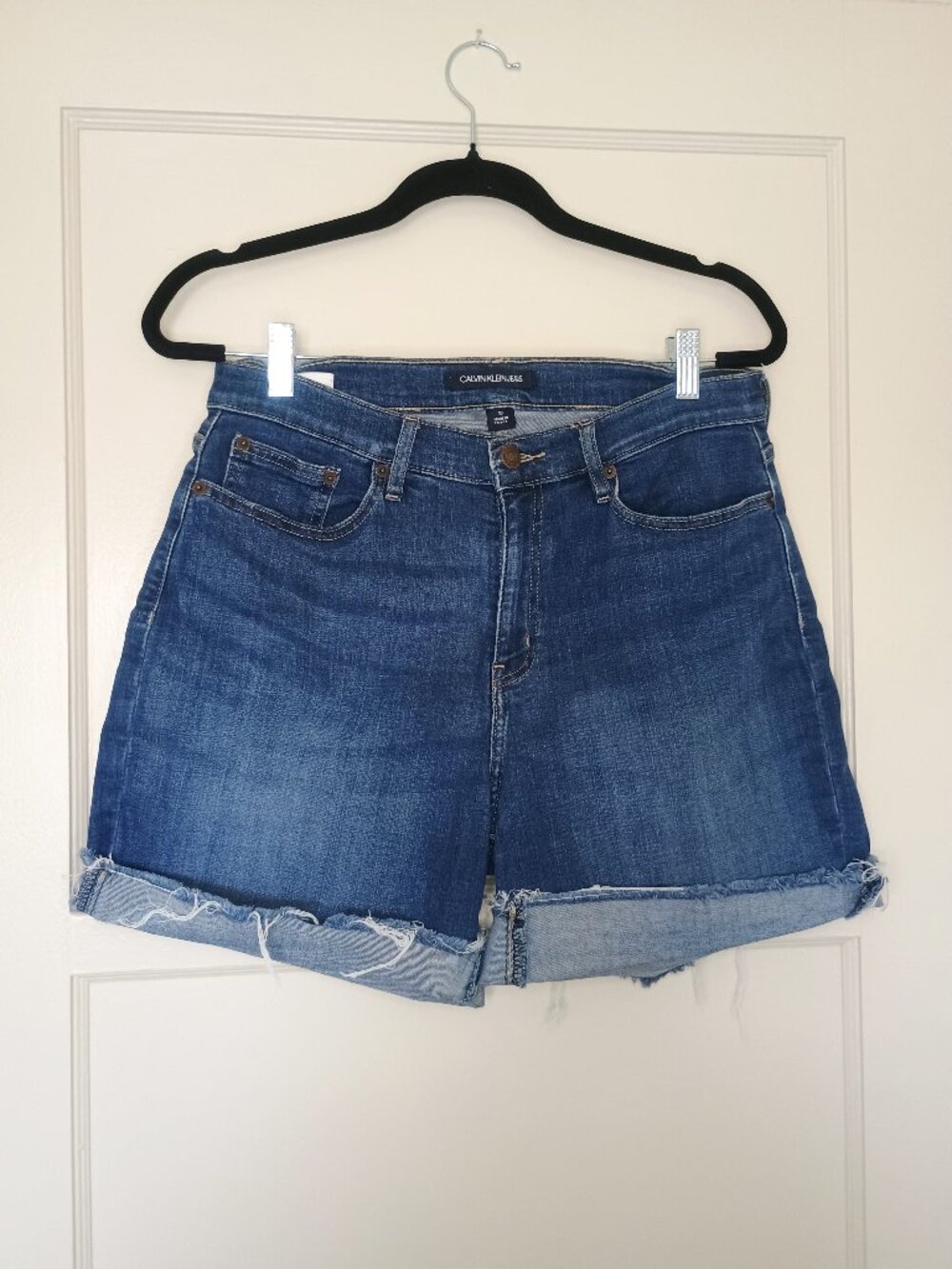 Calvin Klein Distressed High Rise Recycled Denim Shorts Blue Size 10